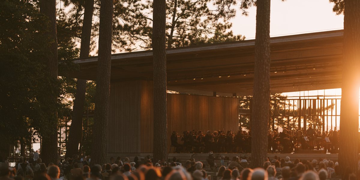 Classical Tahoe Orchestra performing in an open-air pavilion among tall pines at sunset