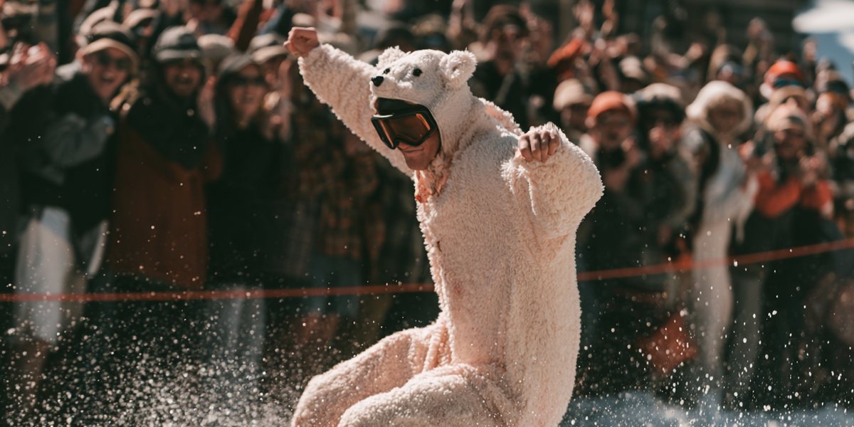 Skier in a polar bear costume splashing through a spring pond skim as the crowd cheers
