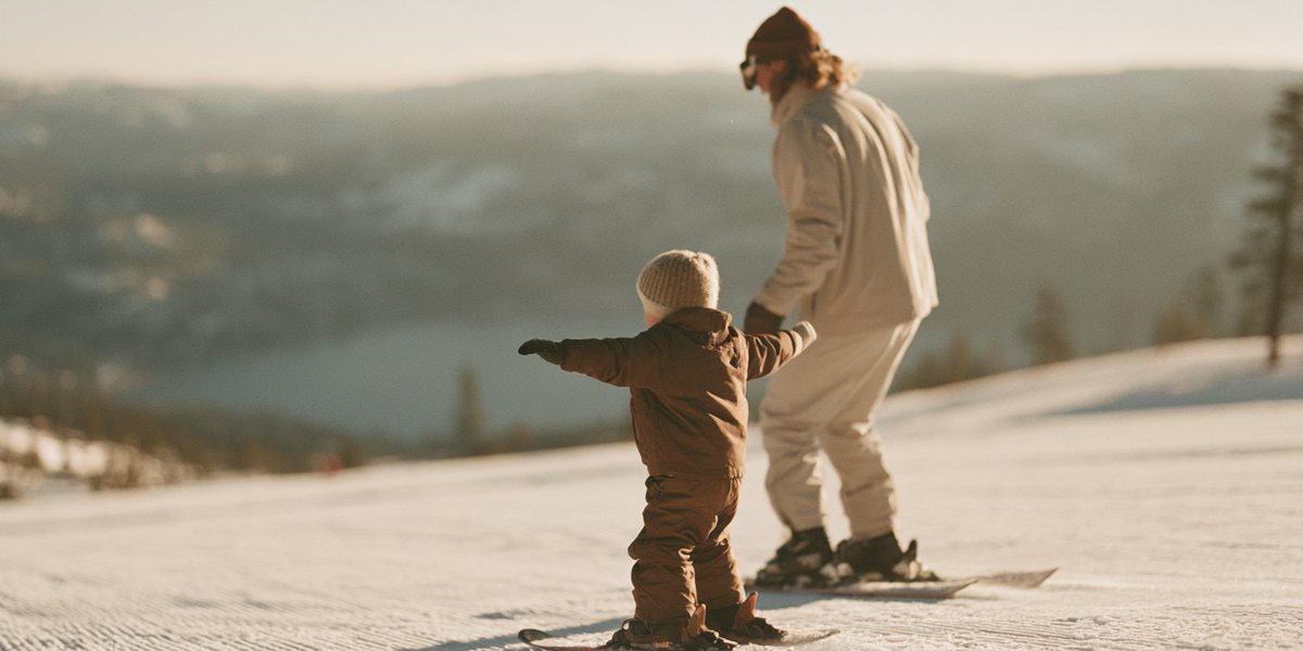 Diamond Peak Opening Day Parent and toddler on a groomed run above a lake, the child with arms out for balance