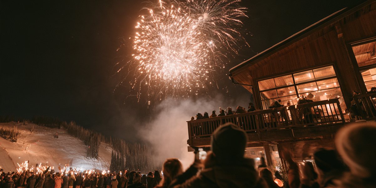 New Year's Eve Glowstick Parade & Fireworks at Palisades Tahoe Fireworks over a ski lodge as a torchlight parade descends the slope on New Year's Eve