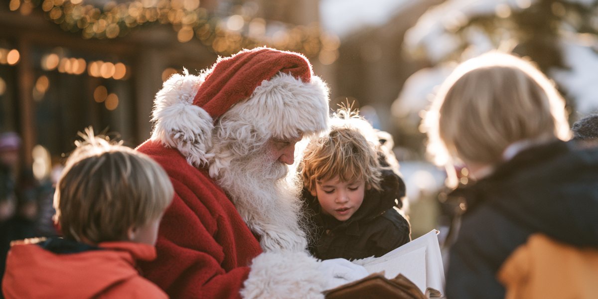 Santa in the Village at Palisades Tahoe Santa reading a story to children outside a holiday-lit mountain village