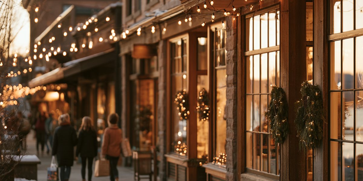 Small Business Saturday in Tahoe City Shoppers passing glowing storefronts strung with holiday lights on a snowy mountain town sidewalk