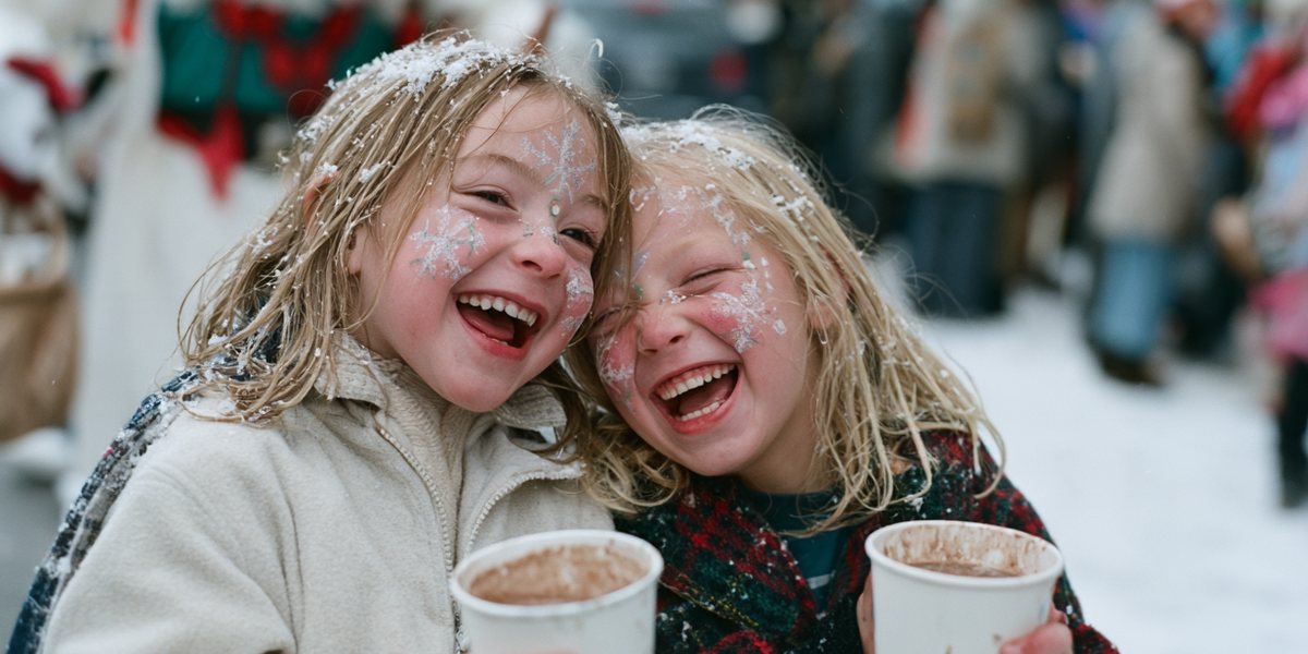 North Lake Tahoe SnowFest Two laughing kids with snowflake face paint holding hot cocoa at a snowy winter festival