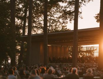 Orchestra performing in an open-air pavilion among tall pines at sunset