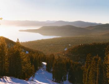 The sun setting over lake Tahoe framed by pine trees and snow