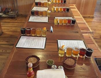 several beers set up on a table for grading