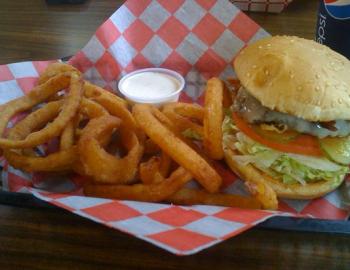 onion rings and burger