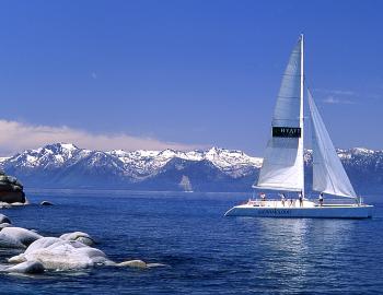 large catamaran sailboat on tahoe