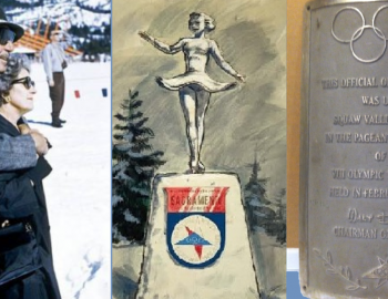 1960 photo of two people watching olympics, plaque on the olympic flag pole and olympic skate trophy