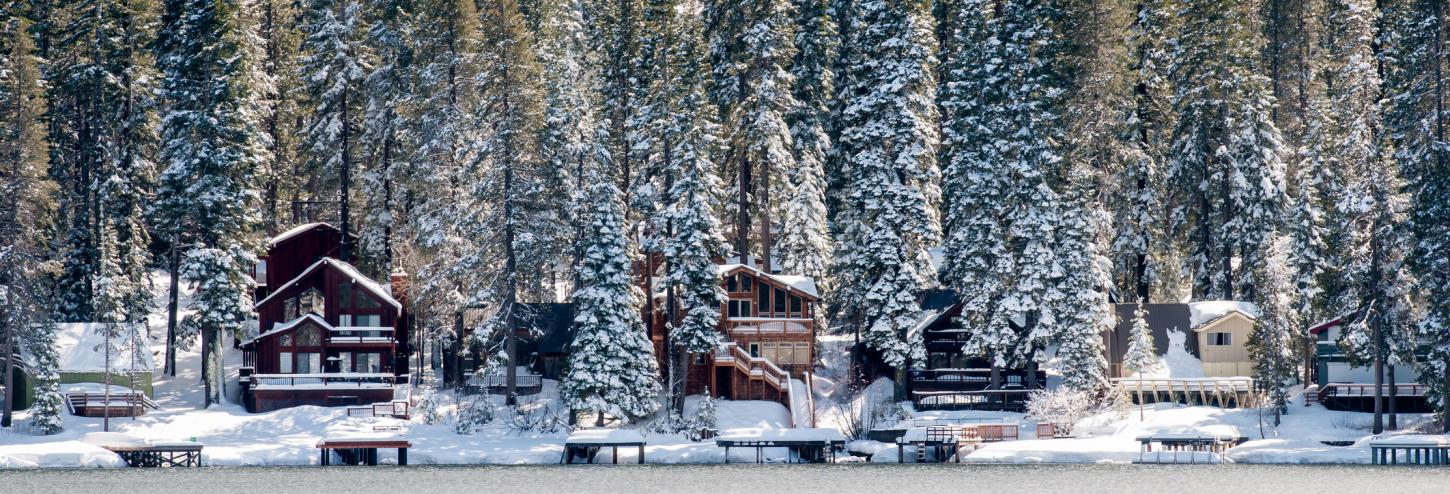 Three cabins in the snow near Lake Tahoe 