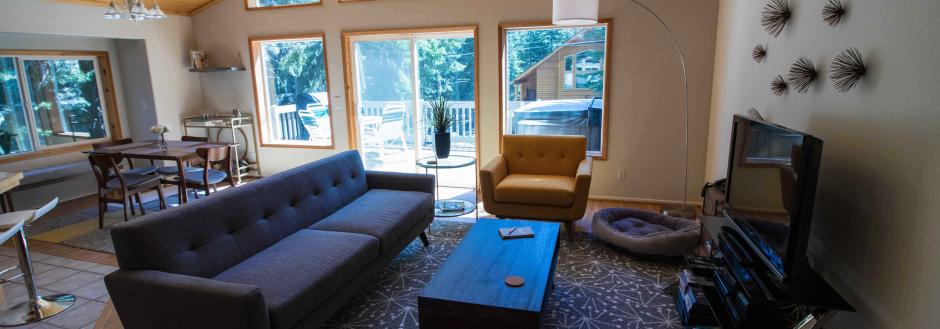 living room with sunny windows in the background