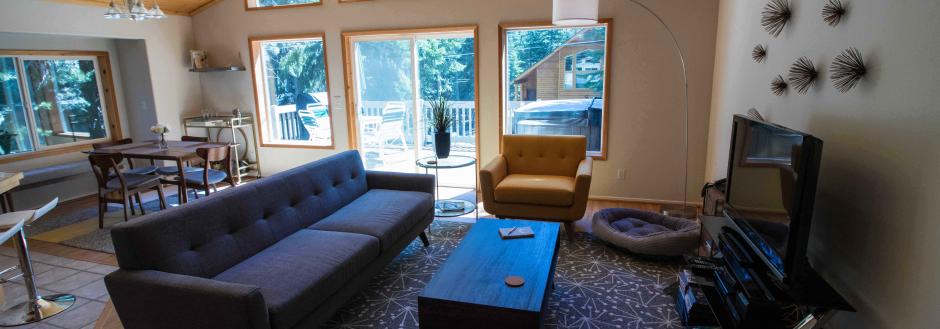 living room with sunny windows in the background