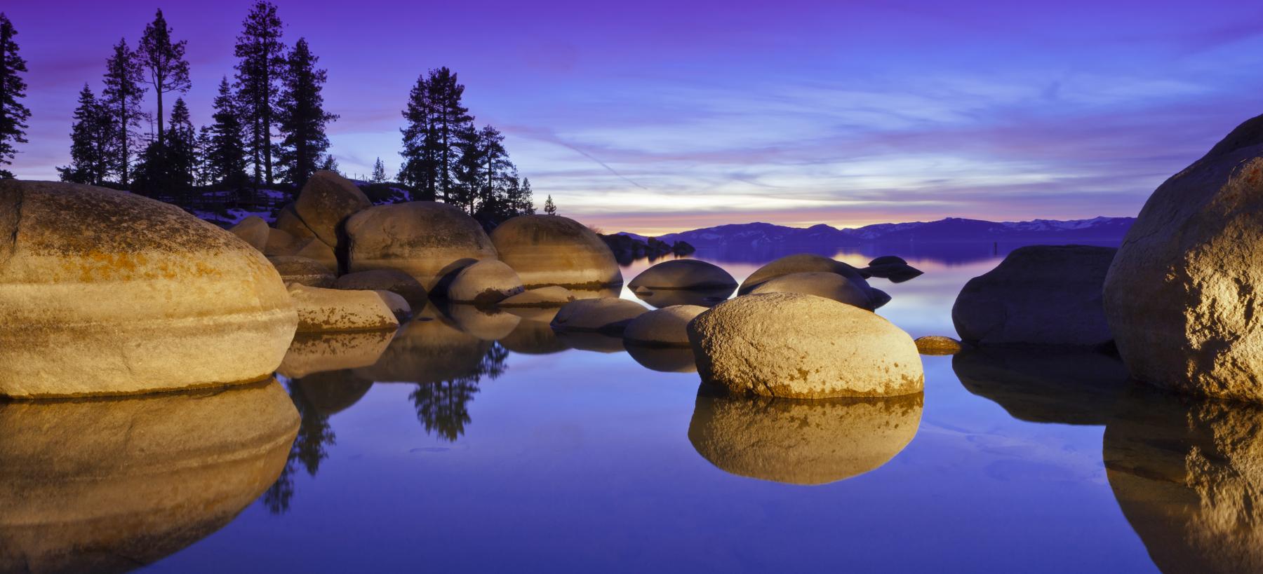 Rocks in Lake Tahoe at sunset
