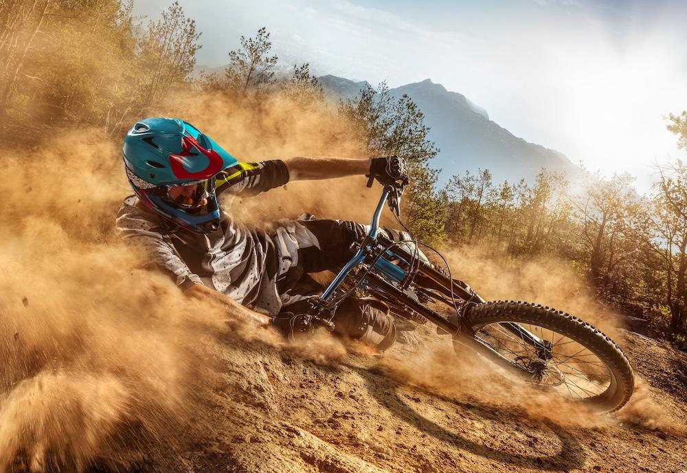 mountain biker competing in downhill race
