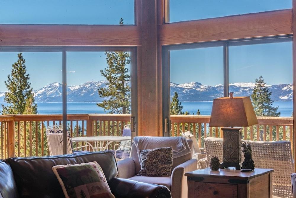 living room of lake tahoe rental overlooking water