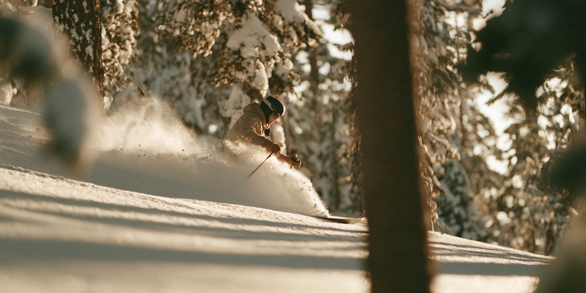 Sugar Bowl Opening Day Skier spraying deep powder through snow-loaded pine trees in low winter sun