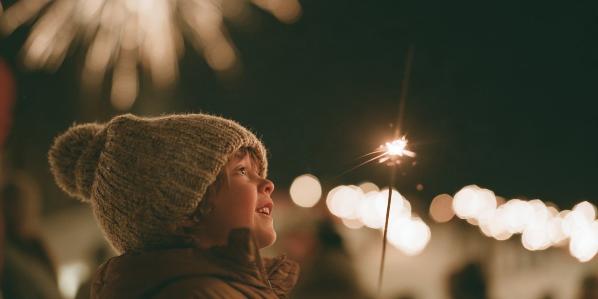 New Year's Eve Light Parade & Fireworks at Tahoe Donner Child in a knit hat holding a sparkler and watching New Year's Eve fireworks