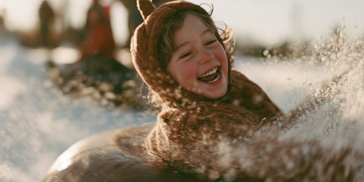 Tube-or-Treat at Sugar Bowl Laughing child in a costume spinning down a snow tubing lane as snow sprays