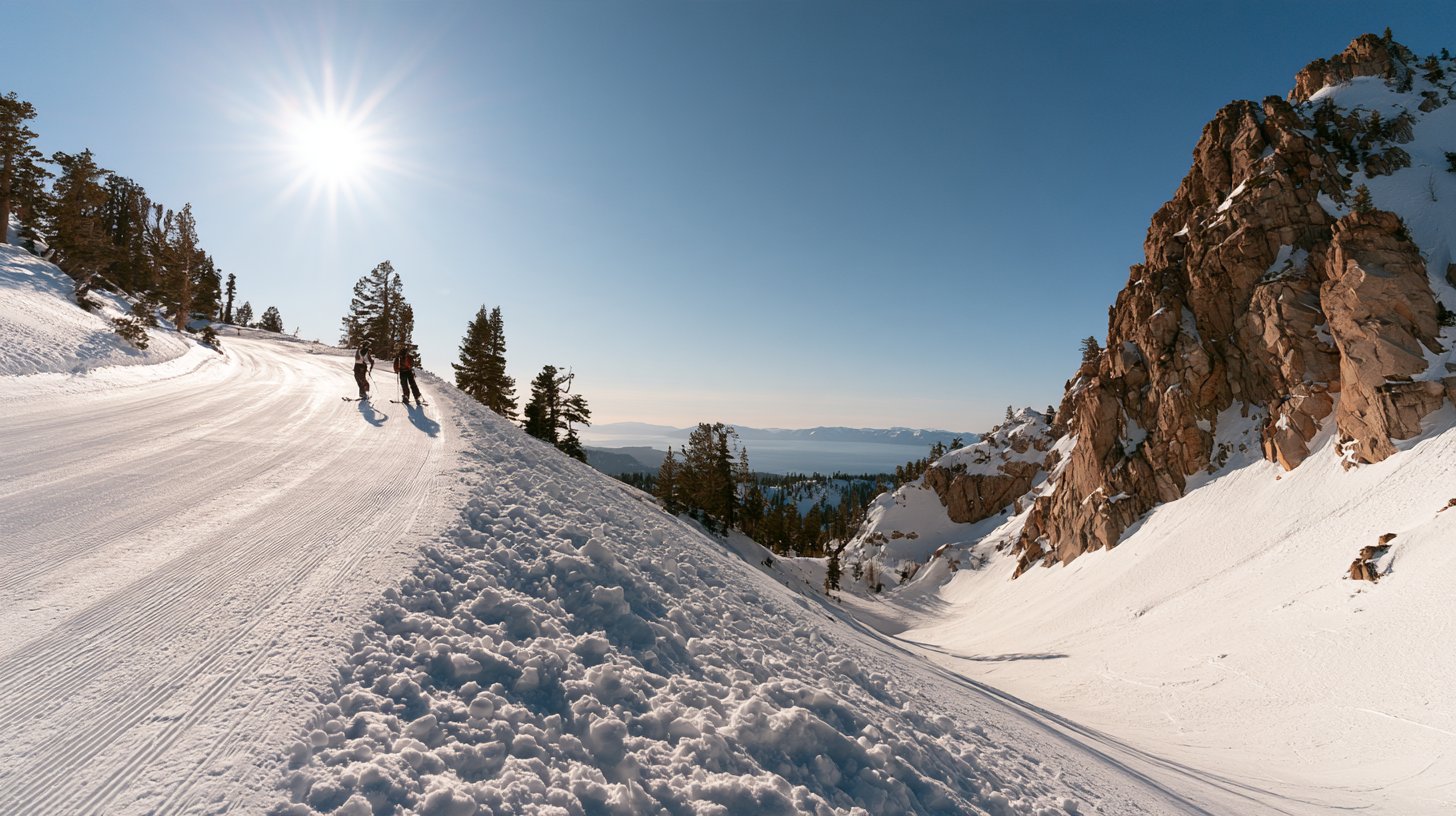 Groomed Runs vs Steep Terrain in Lake Tahoe Two skiers on a groomed run beside a steep granite chute, with Lake Tahoe in the distance