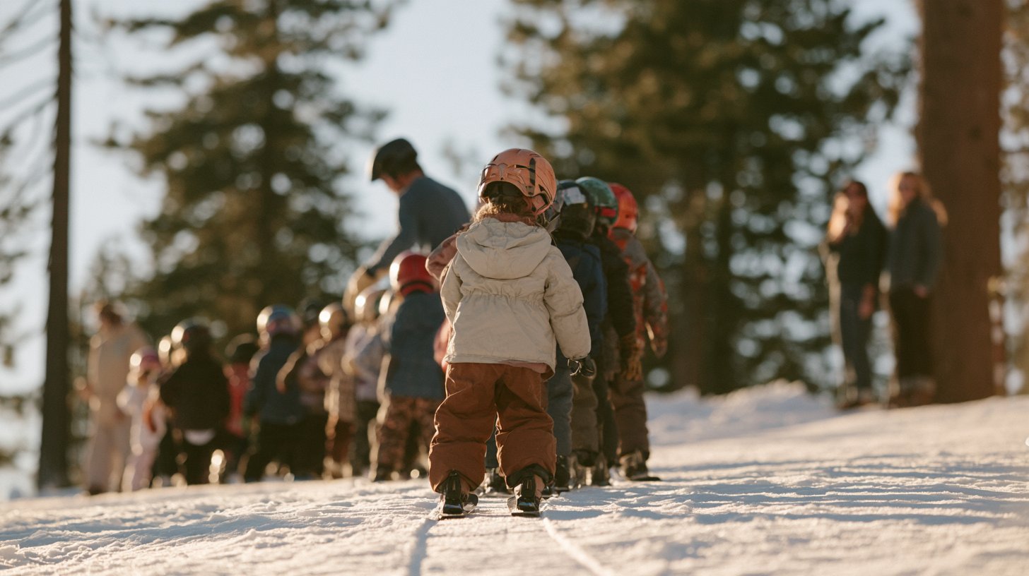 Kids Ski Lesson in Lake Tahoe Young kids in helmets lined up for a ski lesson on a gentle beginner slope among tall pines