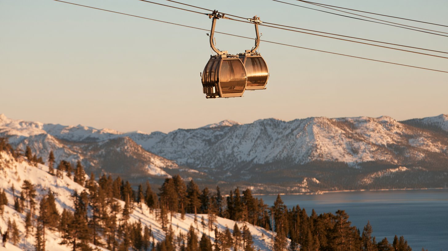 Ski Gondola Above Lake Tahoe Gondola cabins above snowy pines with Lake Tahoe and the Sierra Nevada at golden hour