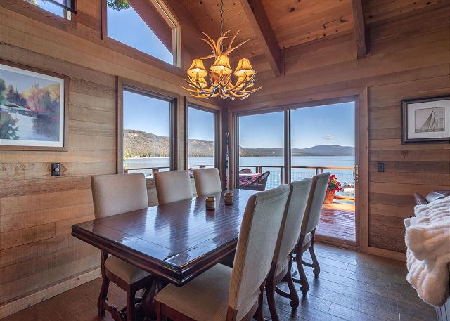 Grand View vacation cabin's dining table and view of lake tahoe