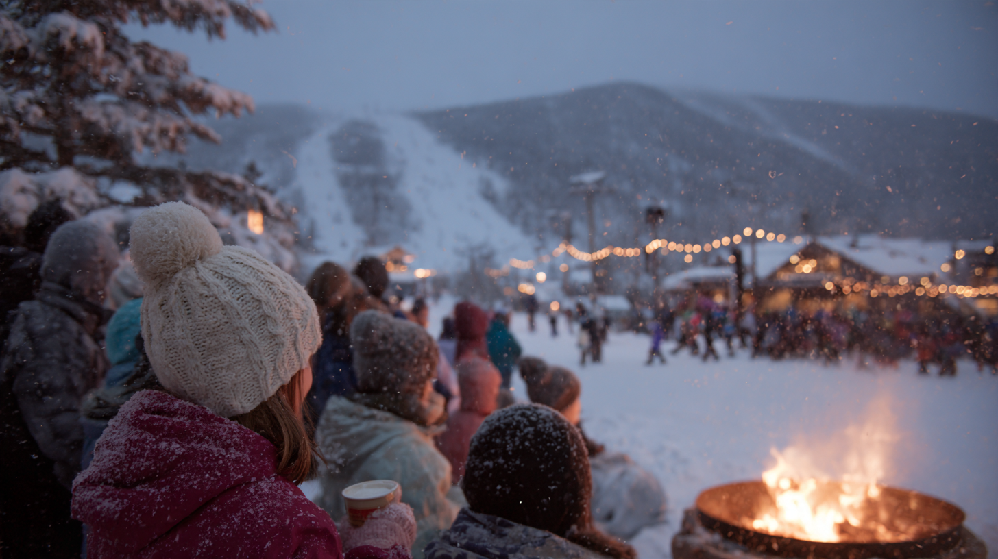 Families gathered by a fire pit at a snowy ski resort village during Lake Tahoe Christmas events