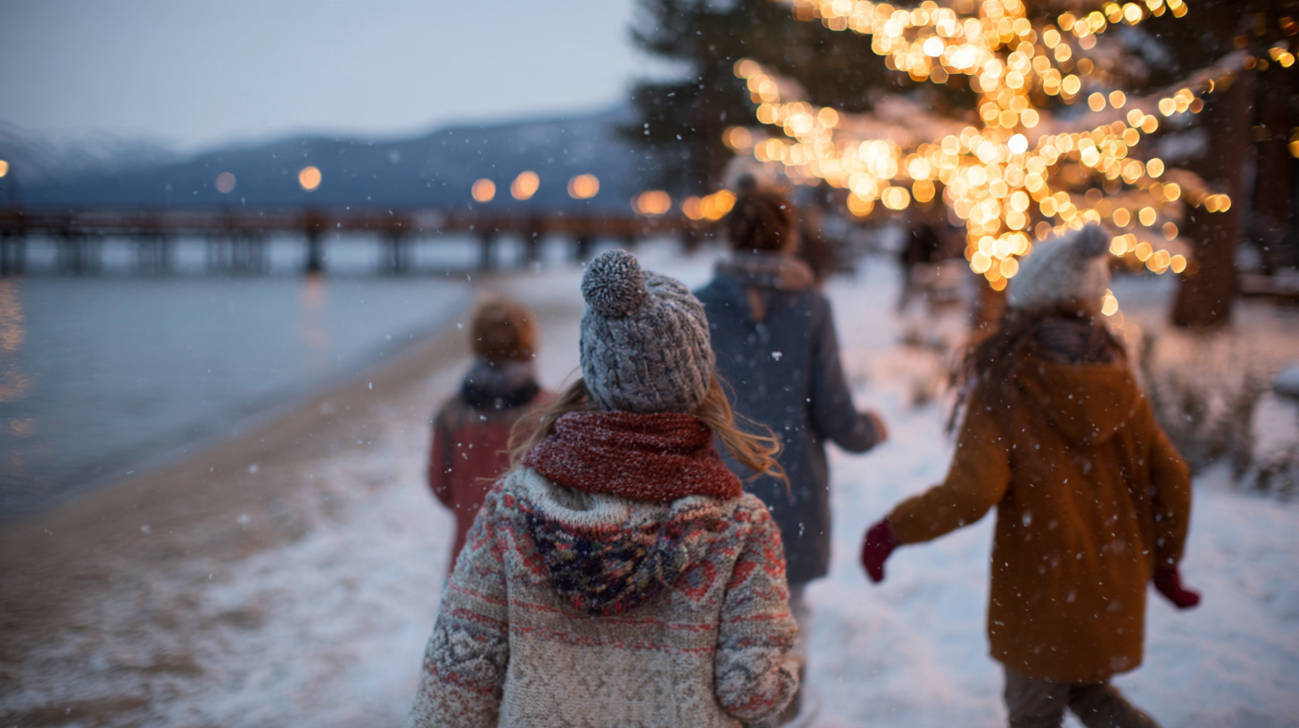 Family walking along a snowy beach decorated with Christmas lights during a Lake Tahoe Christmas vacation