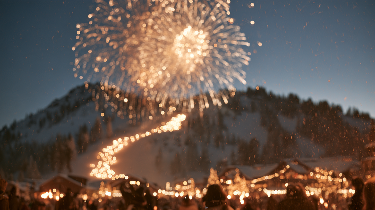 Fireworks and string lights glowing over a snowy ski village crowd during a Lake Tahoe New Year's Eve celebration