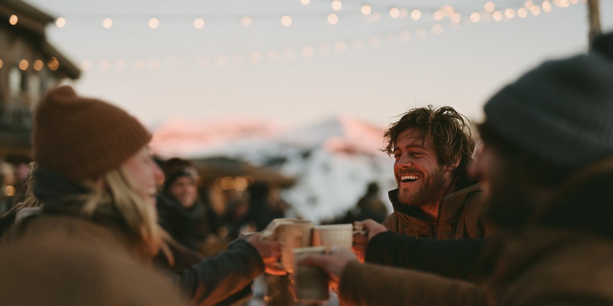 Welcome to Winter at Palisades Tahoe Friends laughing and toasting mugs around a fire pit under string lights in a ski village at dusk